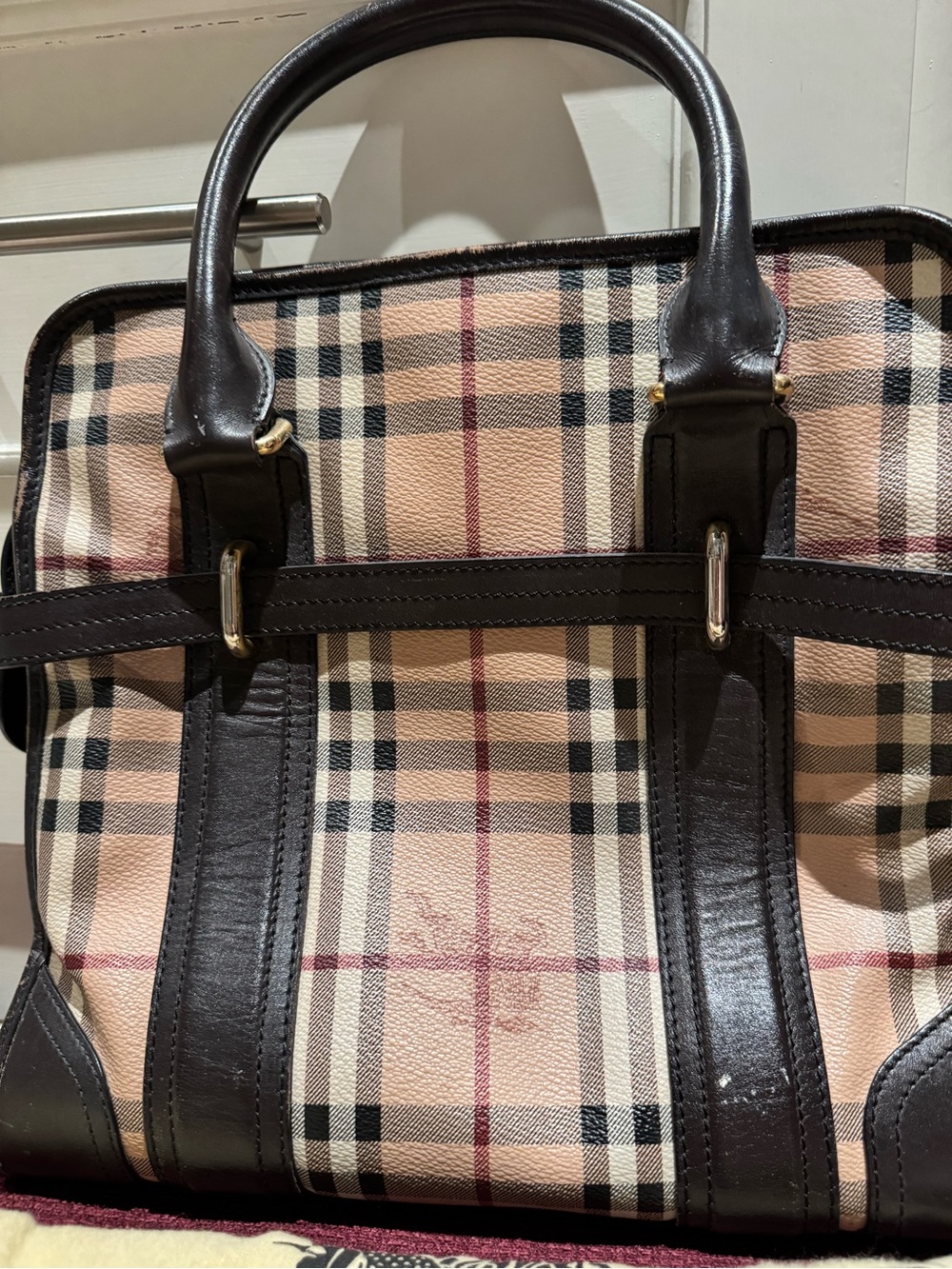 Burberry Beige Plaid Tote with Brown Leather Trim
